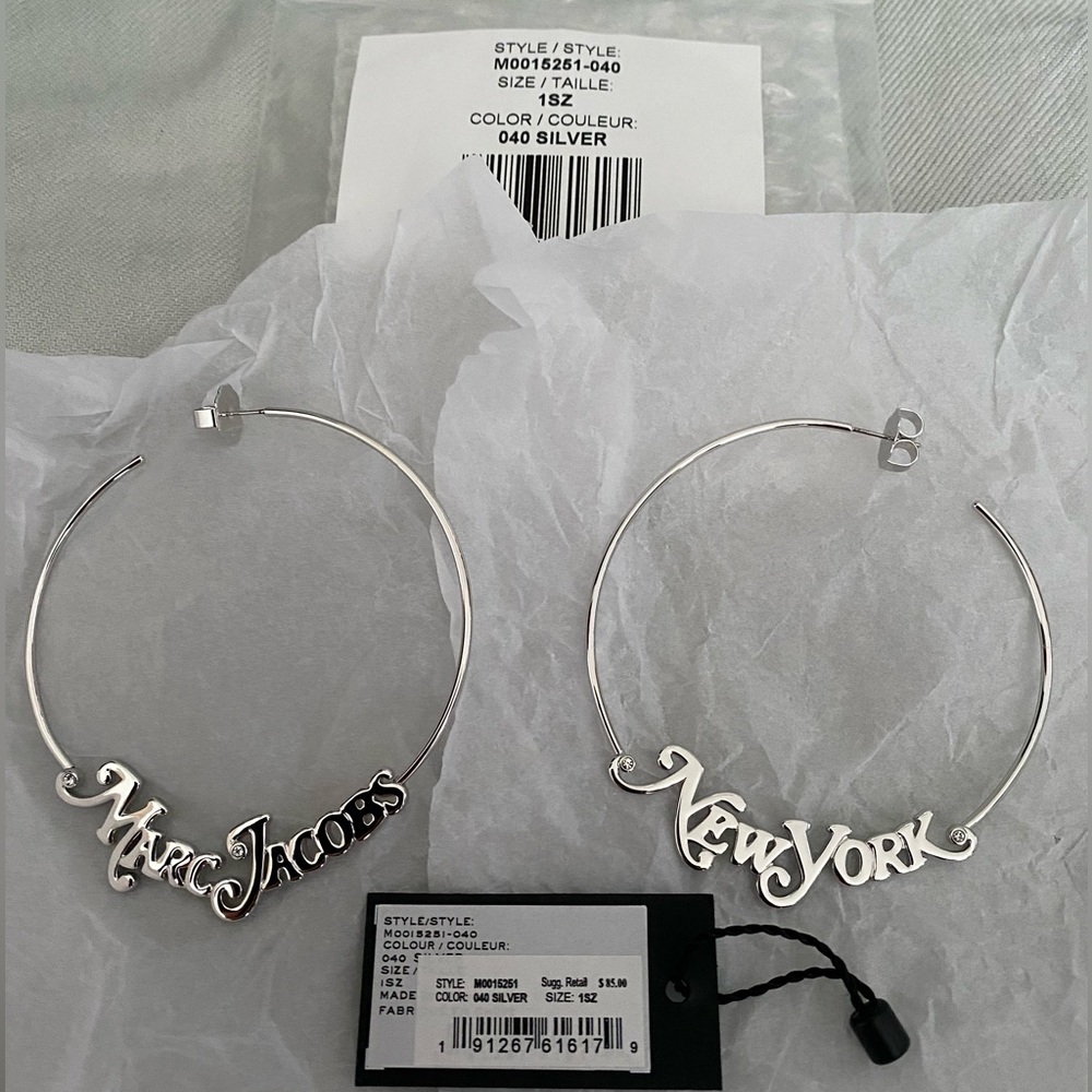 Marc Jacobs Silver New York Logo Hoop Earrings - Picture 6 of 7
